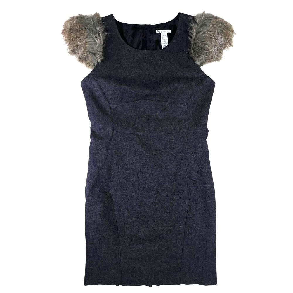 Gray Faux Fur Sleeve Midi Dress Womens L Charcoal Bodycon Winter Party Night Out